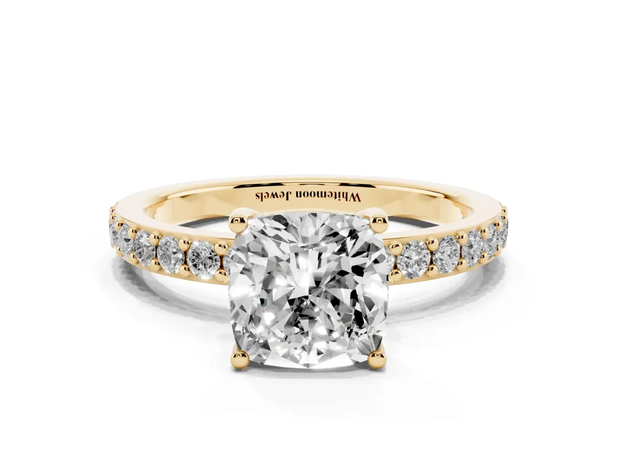 Cushion Cut Cut Diamond Solitaire with Pave Band and Four-Prong Setting Yellow gold