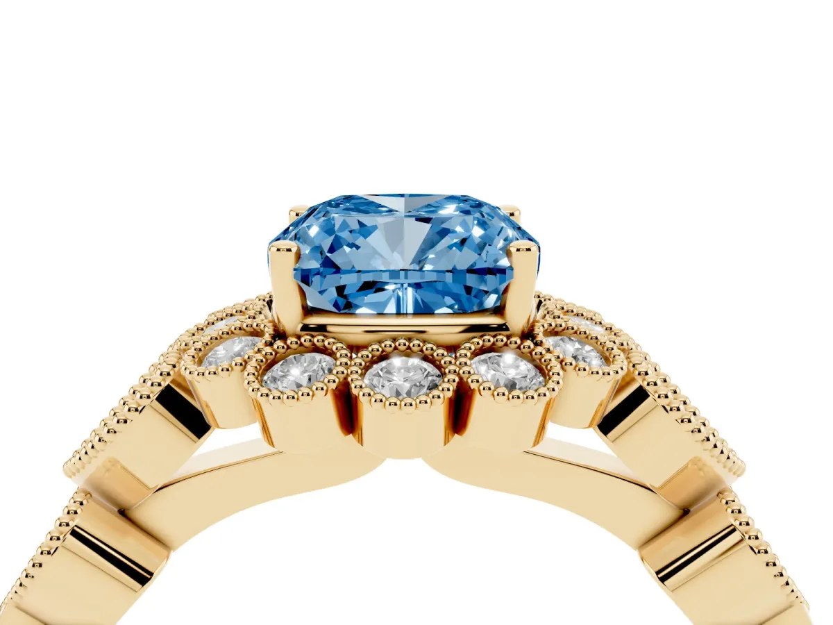 Fancy Blue Cushion Cut Brilliant Milgrain Pave Heart Band Solitaire Ring Yellow gold