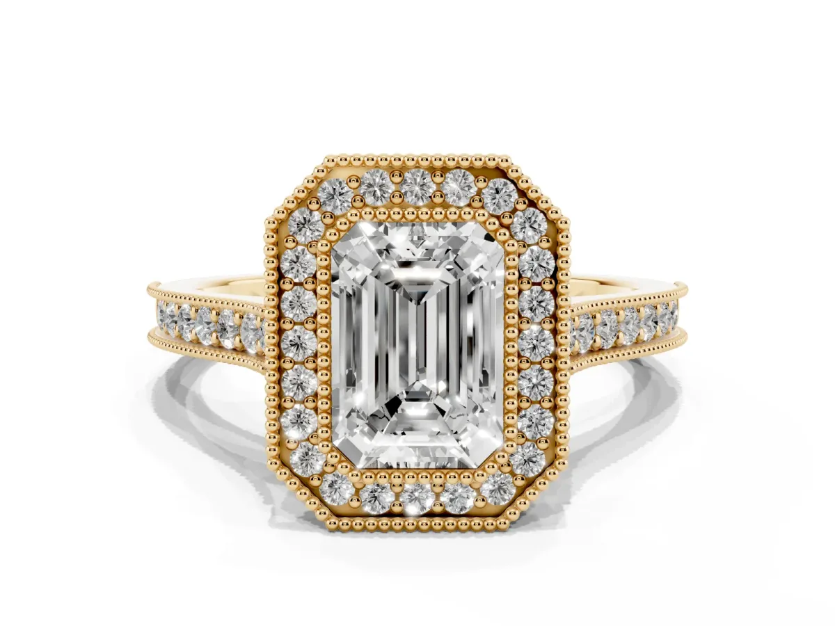 Halo Emerald Cut-Cut Diamond Pave Band Milgrain Prong Setting Ring Yellow gold