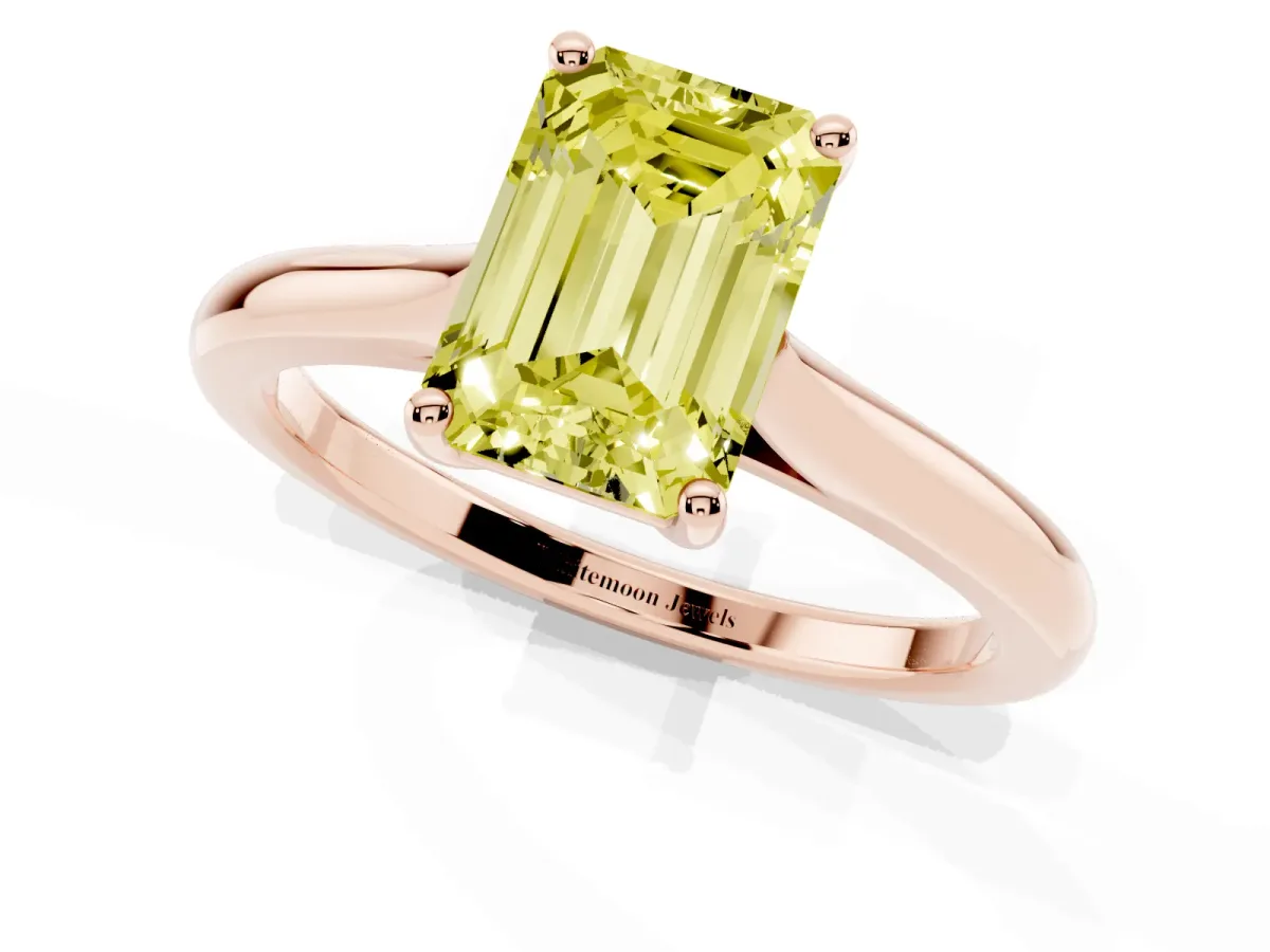 Fancy Yellow Emerald Cut Cut Solitaire Ring with Cathedral Band and Four-Prong Setting Rose gold