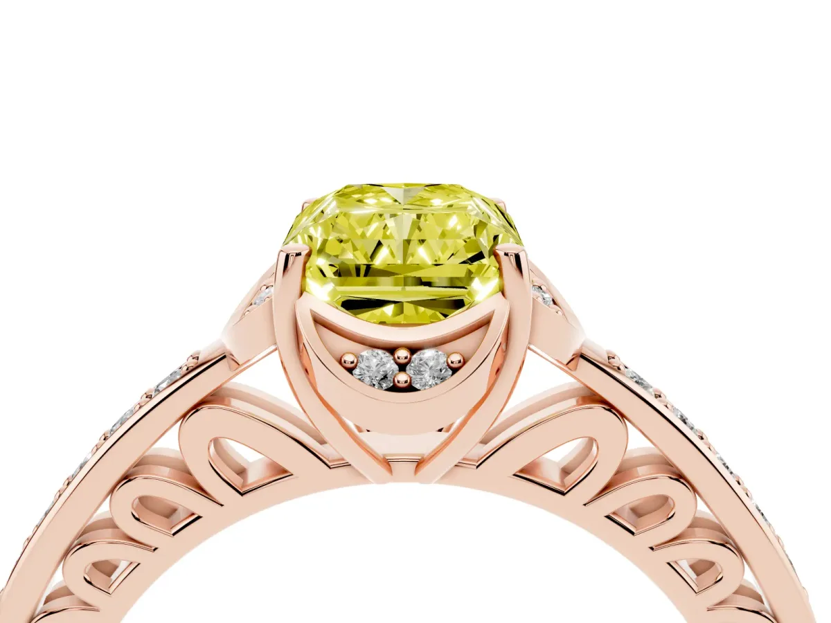 Fancy Yellow Radiant Cut Cut Halo Diamond Ring with Channel Set Band and Four-Prong Setting Rose gold
