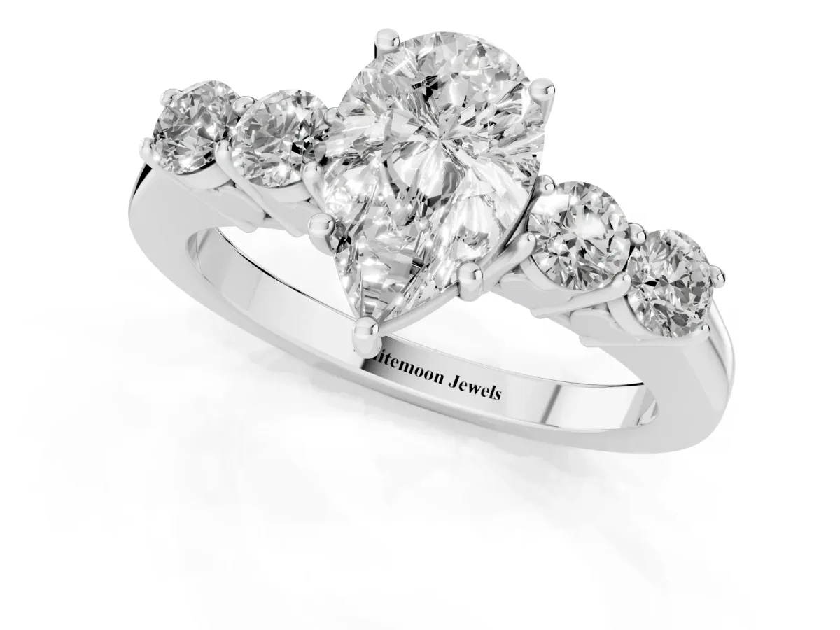 Pear Cut Cut Diamond Five-Stone Prong Set White Gold Ring Silver