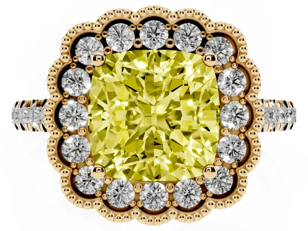 Fancy Yellow Cushion Cut Cut Diamond Milgrain Floral Halo Engagement Ring with Pavé Band Yellow gold