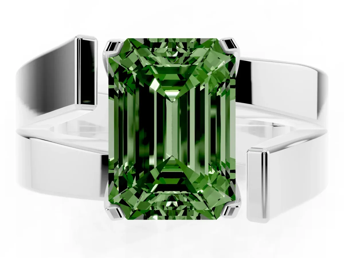 Fancy Green Modern Tension Set Emerald Cut Diamond Solitaire Wide Band Ring Silver
