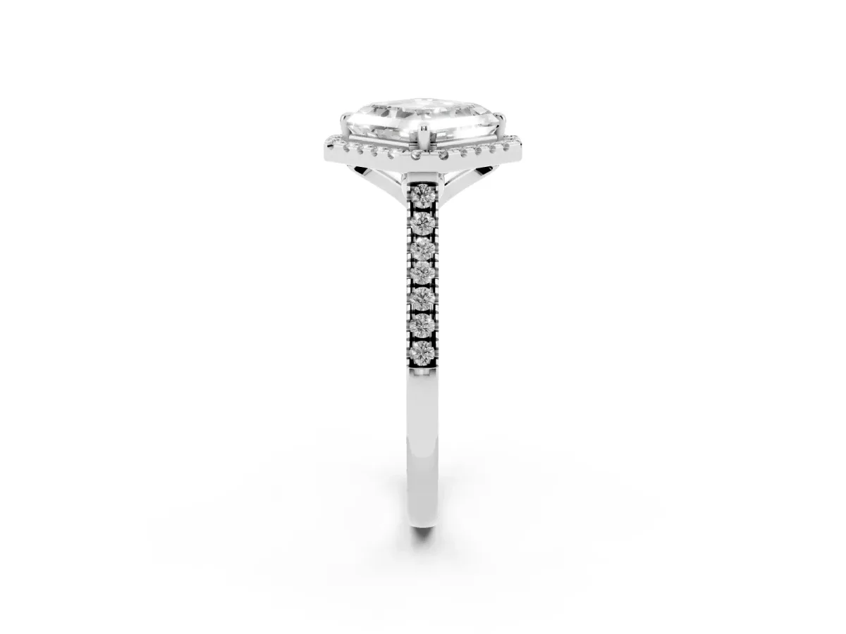 Asscher Cut Diamond Cushion Halo Ring with Pavé Band Silver