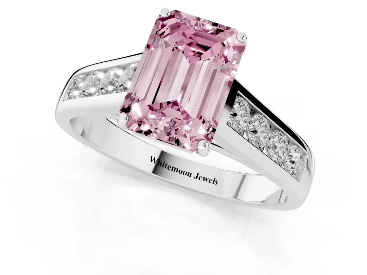 Fancy Pink Emerald Cut Solitaire Channel-Set Diamond Engagement Ring with Four-Prong Setting Platinum