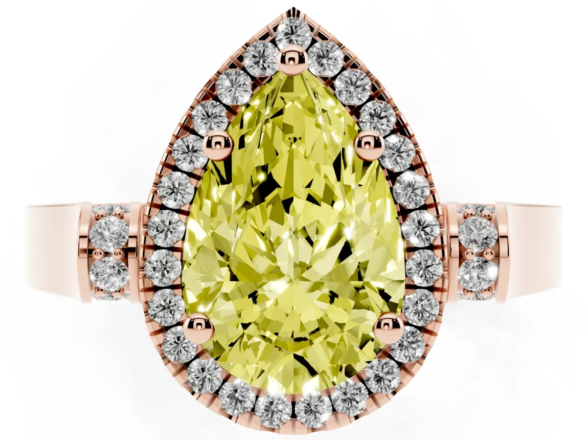 Fancy Yellow Pear Cut Halo Pave Split Shank Prong Setting Ring Rose gold