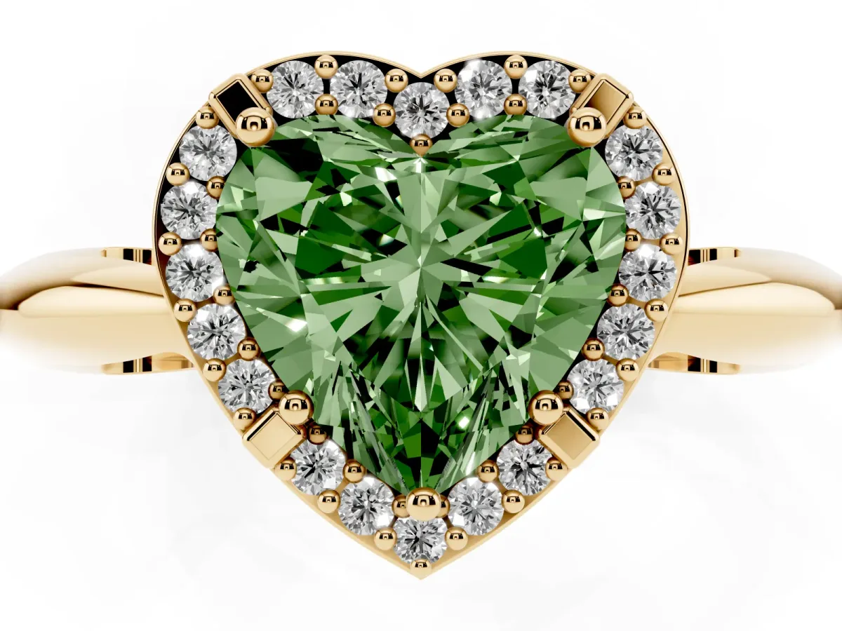 Fancy Green Heart Cut Cut Diamond Halo Engagement Ring with Split Shank and Four-Prong Setting Yellow gold