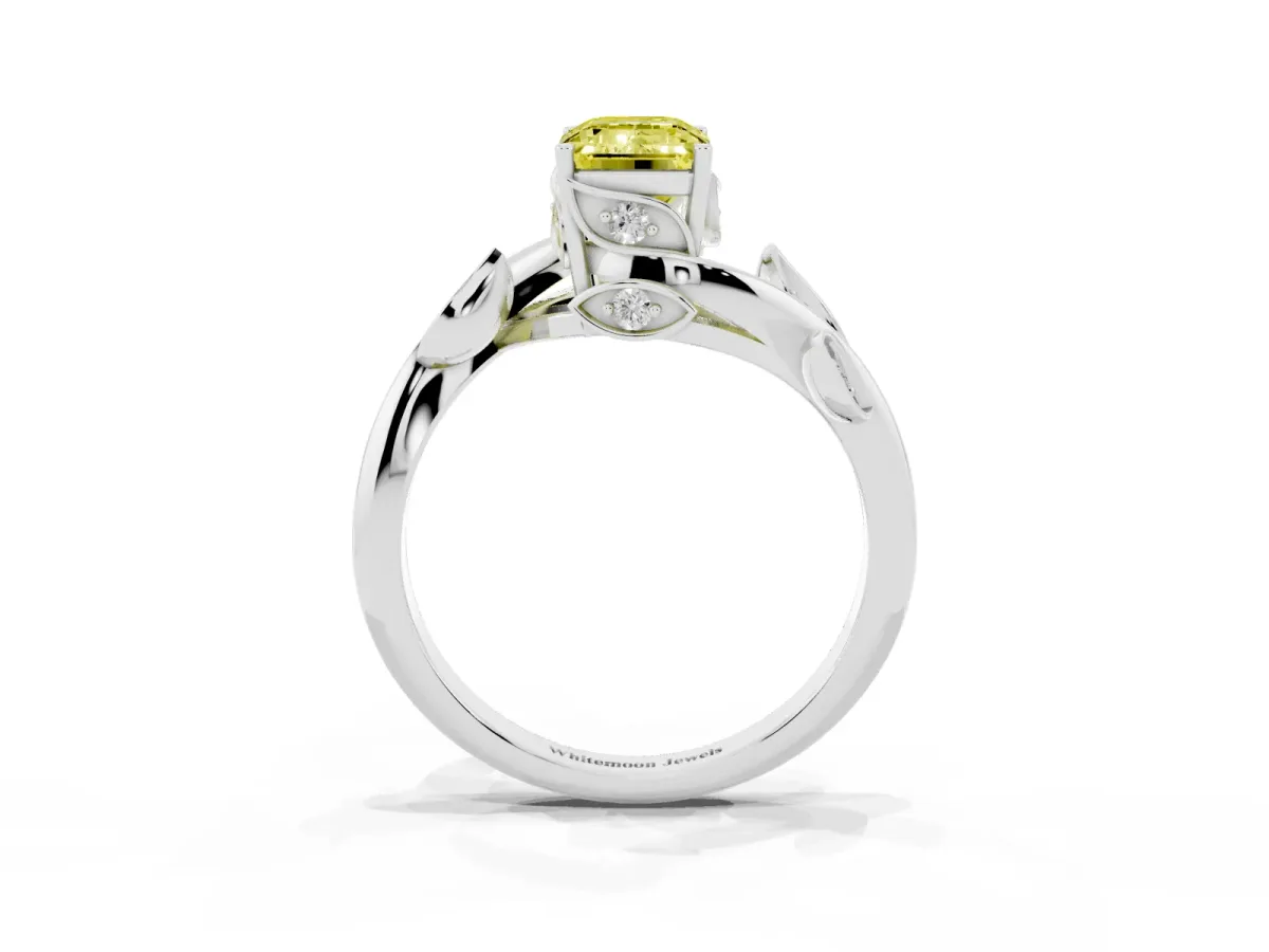Fancy Yellow Emerald Cut Solitaire Twist Engagement Ring with Leaf Accents and Prong Setting Silver