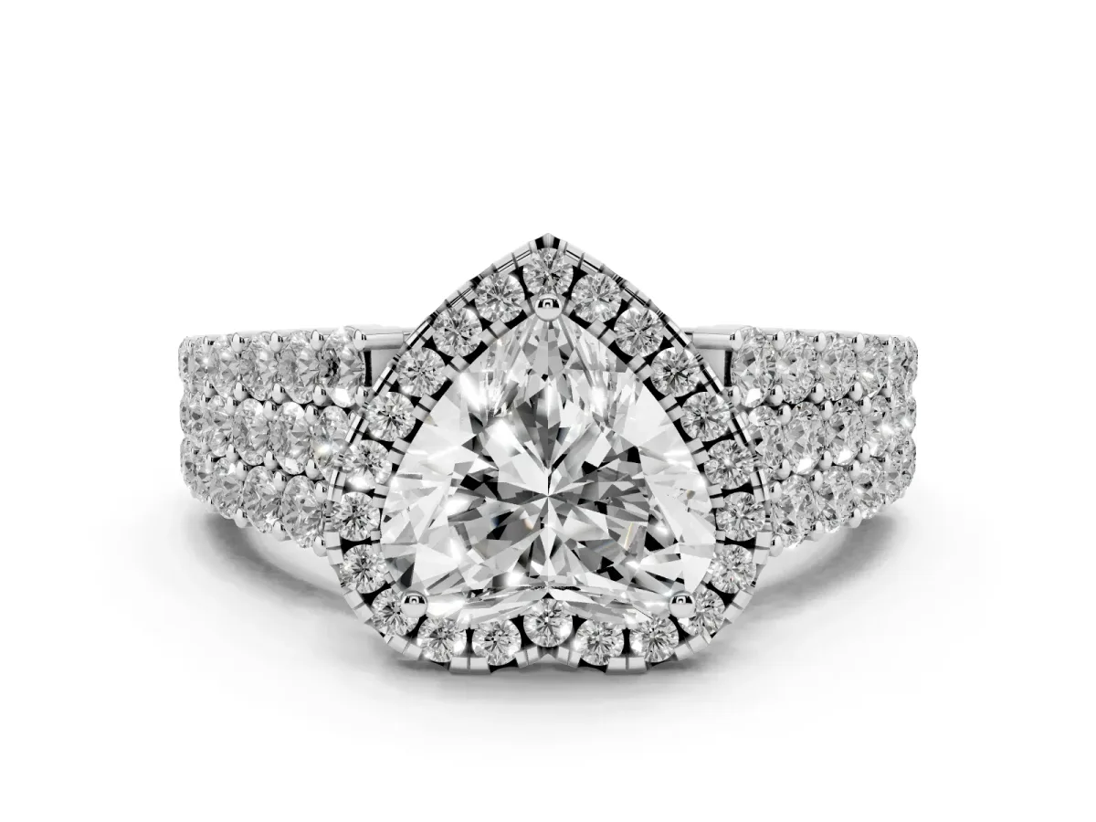 Heart Cut Diamond Halo Engagement Ring with Triple Row Round Pavé Band and Prong Setting Silver
