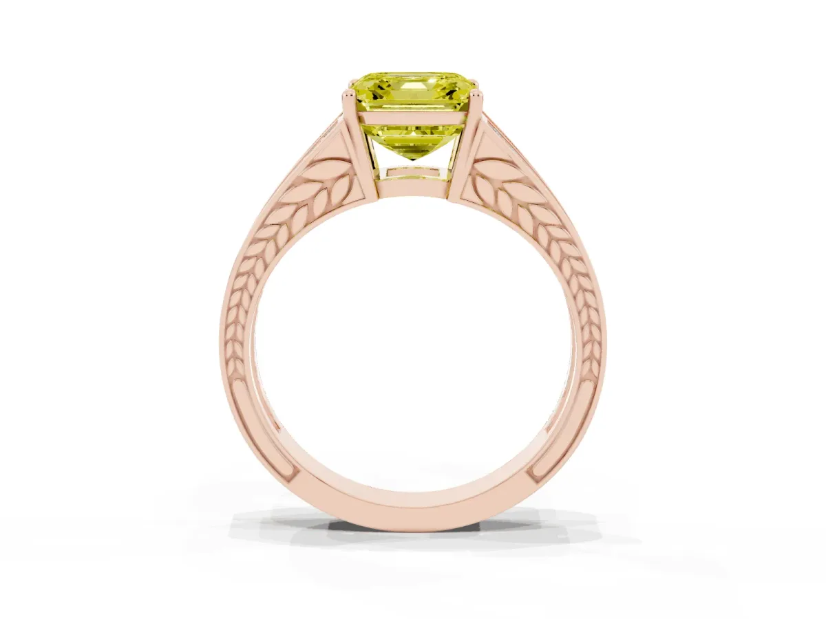 Fancy Yellow Asscher Cut Diamond Split Shank Ring with Pavé Band and Four-Prong Setting Rose gold