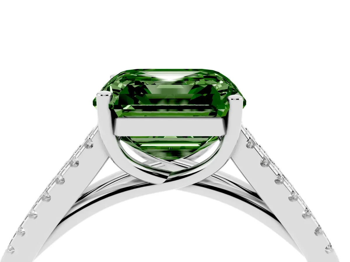 Fancy Green Asscher Cut Diamond Solitaire Engagement Ring with Split Shank Pavé Band Silver