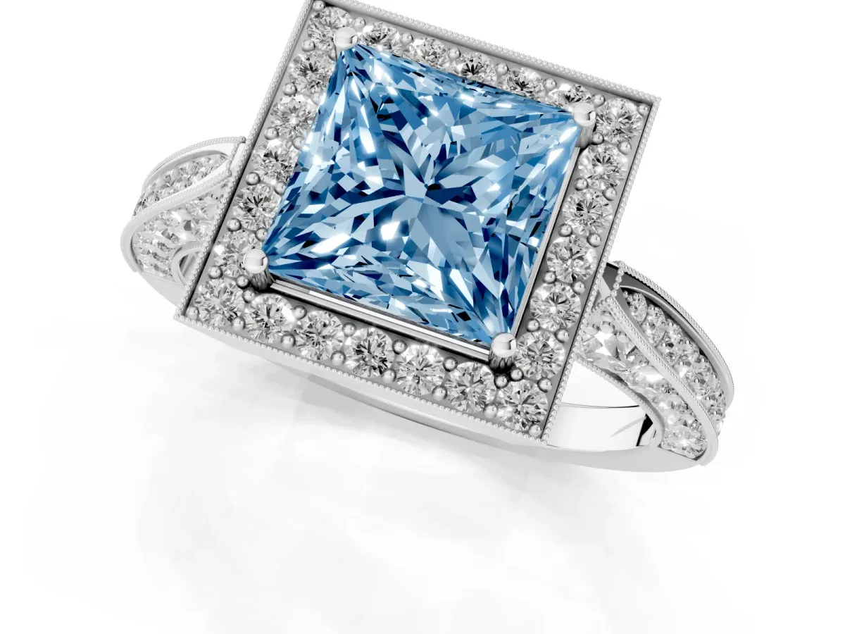 Fancy Blue Princess Cut Halo Diamond Engagement Ring with Split Shank Band and Four-Prong Setting Silver