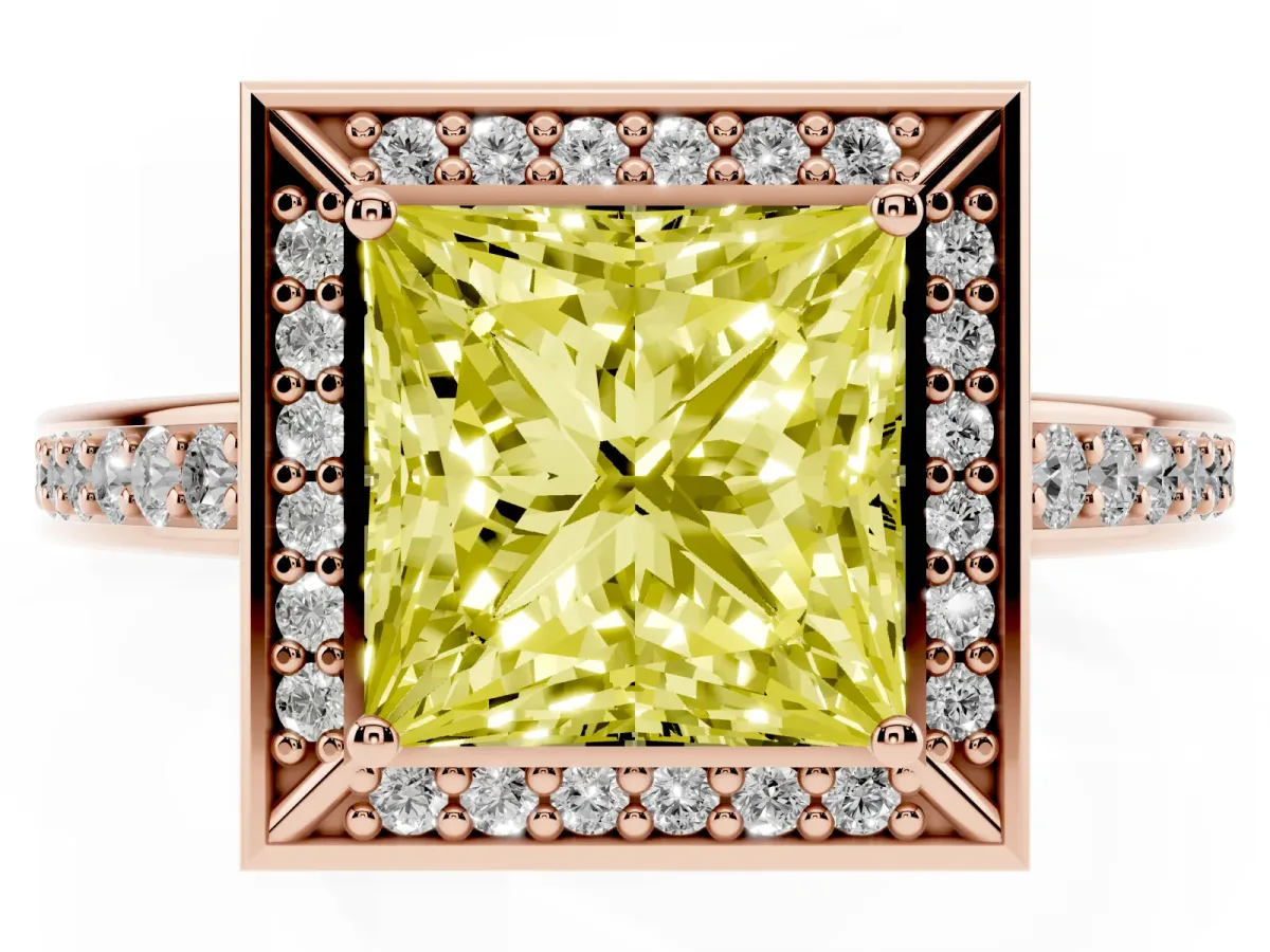 Fancy Yellow Princess Cut Cut Halo Pave Split Shank Prong Setting Ring Rose gold