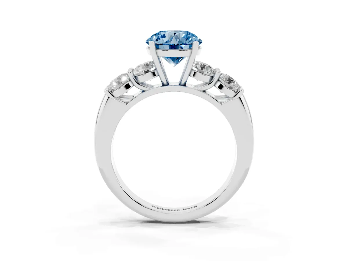 Fancy Blue Round Cut Cut Five-Stone Prong Set Diamond Ring with Classic Band Silver