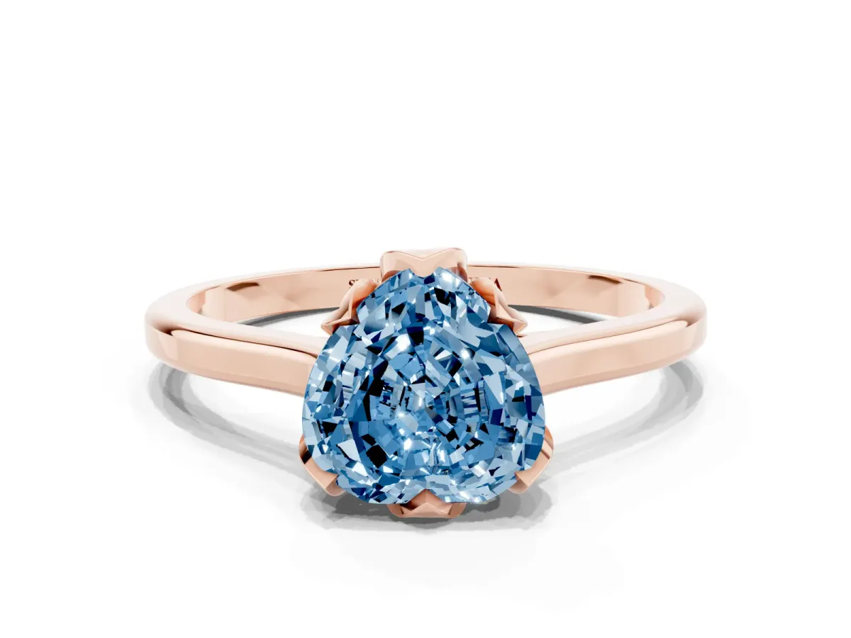 Fancy Blue Heart Cut Diamond Solitaire Ring with Flower Prong Setting and Classic Band Rose gold