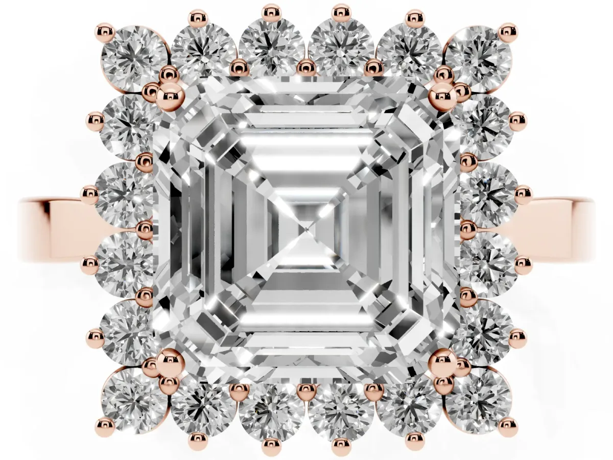 Asscher Cut Cut Diamond Halo Ring with Round Brilliant Halo and Solitaire Band Rose gold