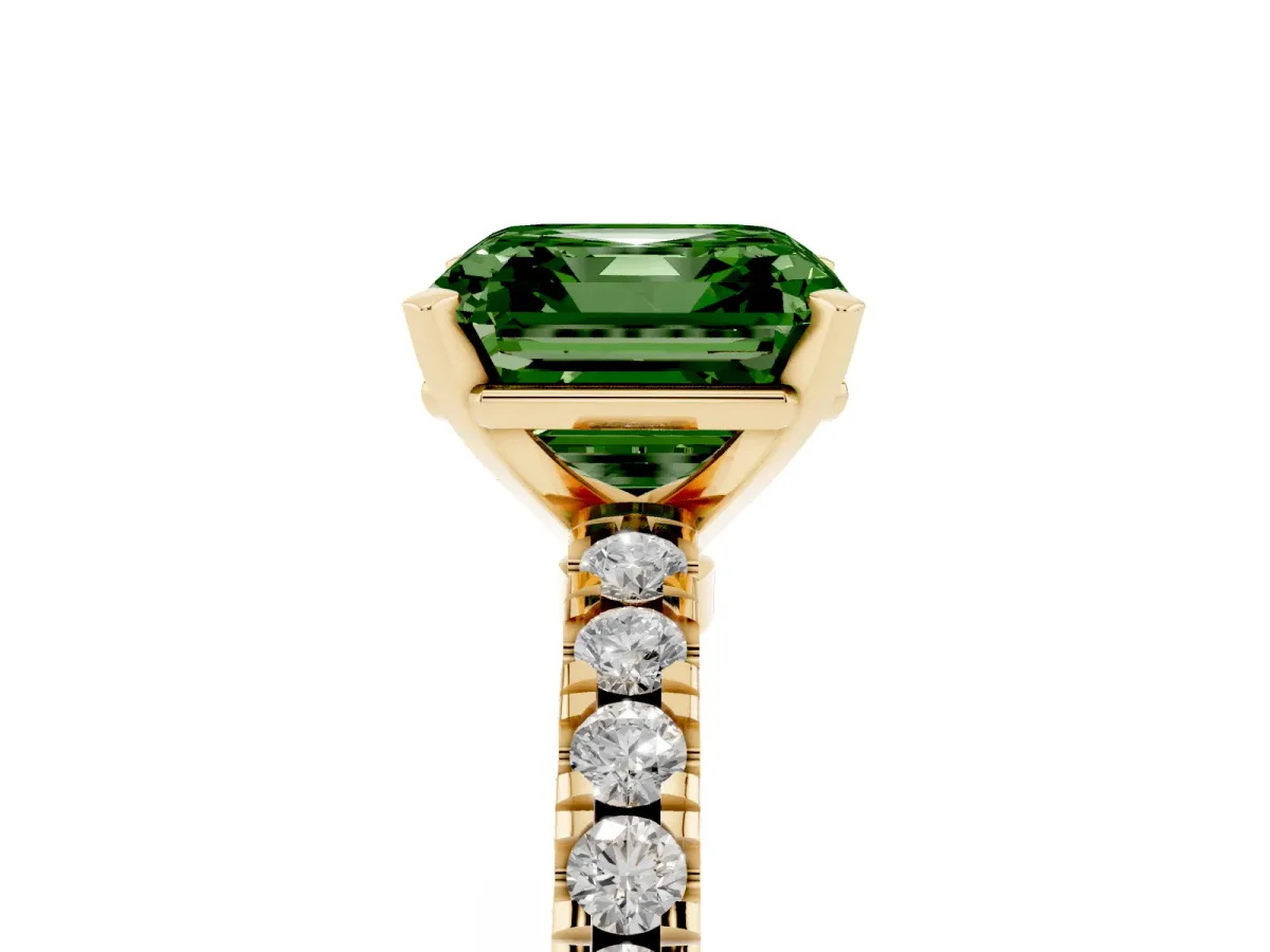 Fancy Green Asscher Cut Solitaire Diamond with Pavé Band and Four-Prong Setting Yellow gold