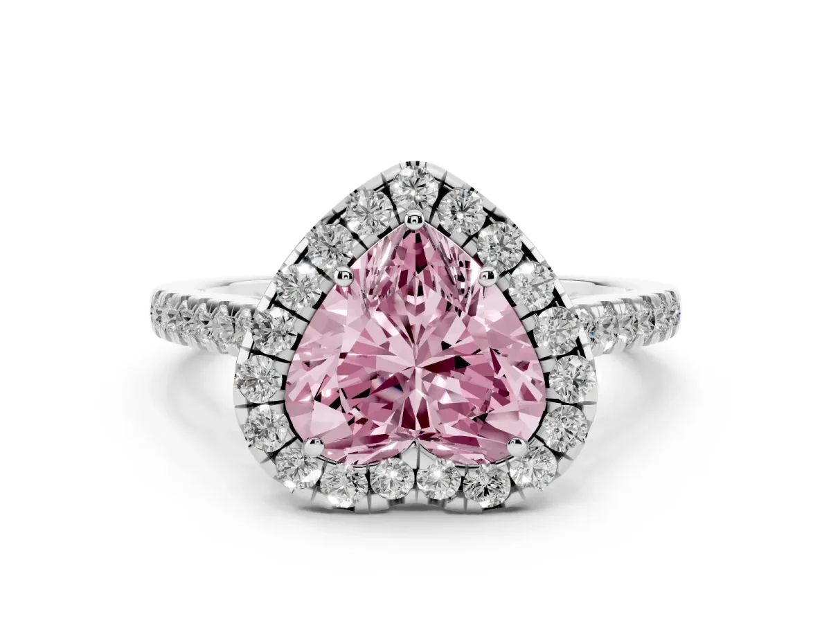 Fancy Pink Heart Cut Halo Pave Diamond Engagement Ring with Four-Prong Setting Platinum