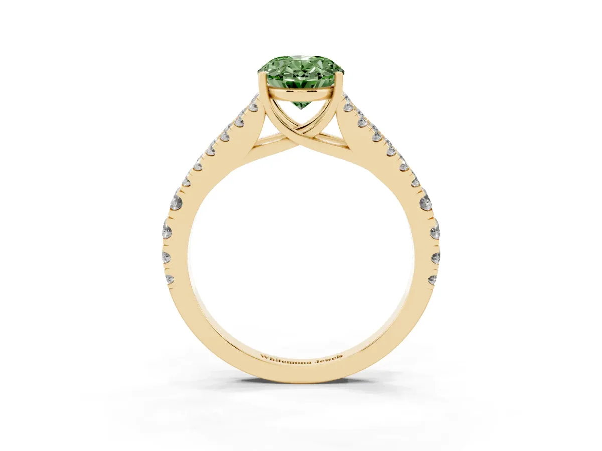 Fancy Green Oval Cut Diamond Split Shank Engagement Ring with Round Pavé and Prong Setting Yellow gold