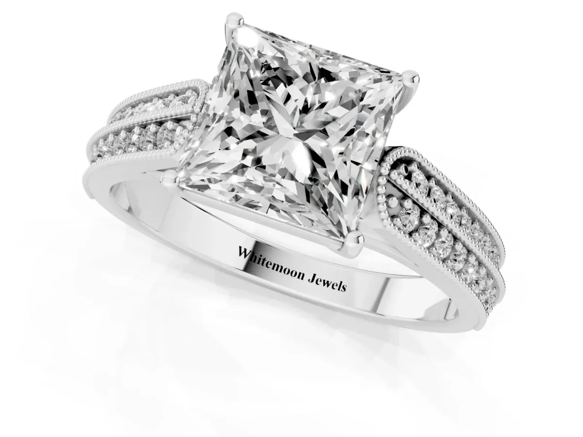 Princess Cut Cut Pave Split Shank Engagement Ring with Four-Prong Setting Platinum