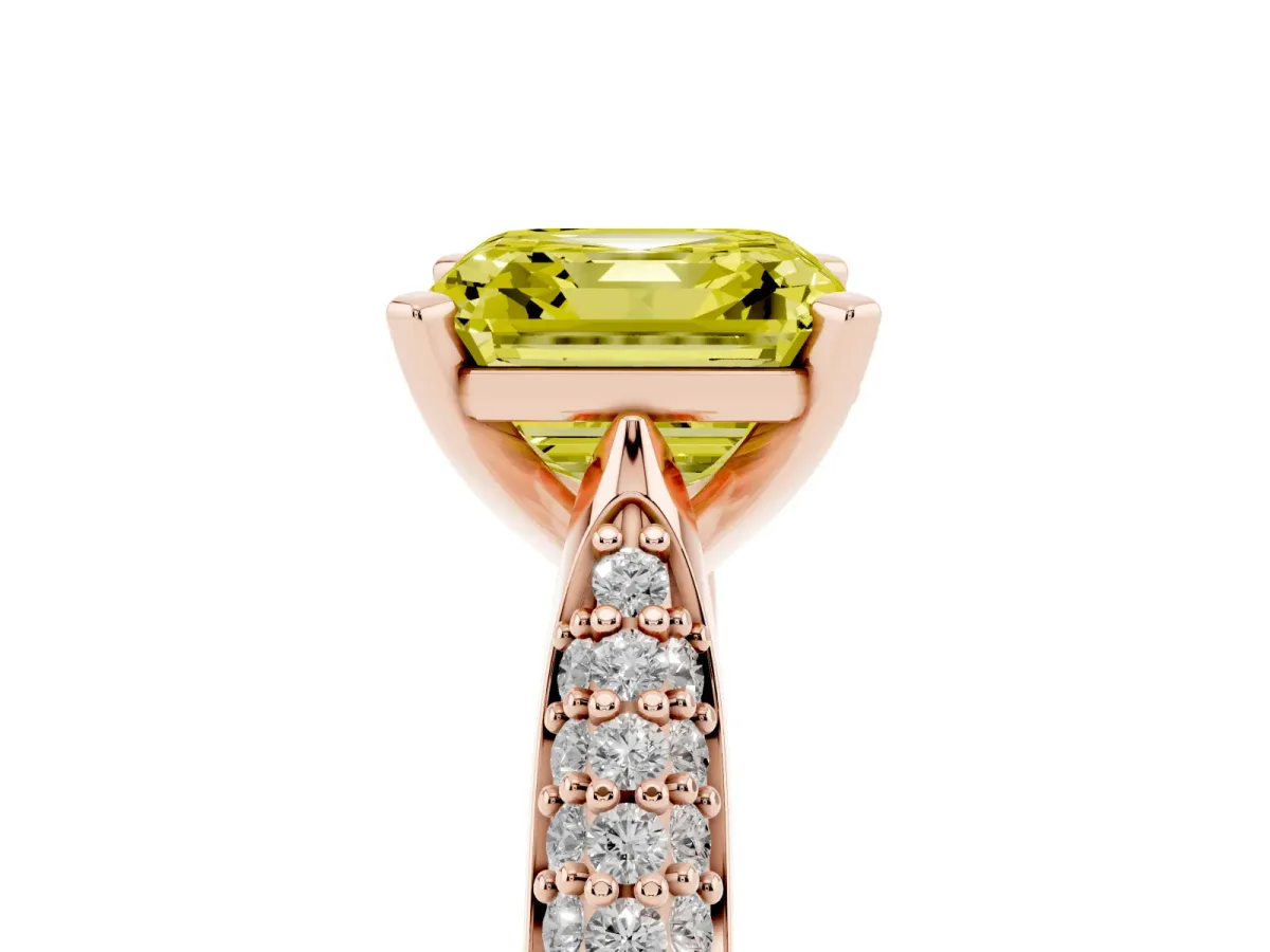 Fancy Yellow Asscher Cut Diamond Solitaire Engagement Ring with Multi-Row Round Pavé Band and Prong Setting Rose gold