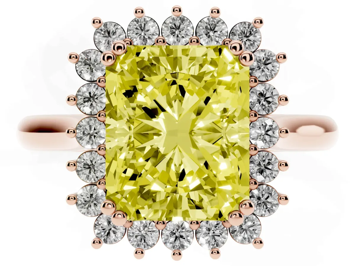Fancy Yellow Radiant Cut Cut Diamond Halo Ring with Solitaire Band and Prong Setting Rose gold