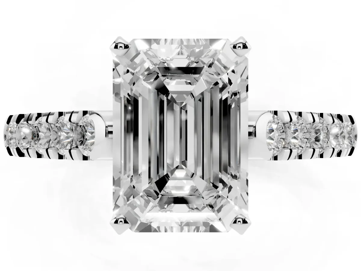 Emerald Cut Diamond Pavé Band Solitaire Ring with Prong Setting Silver