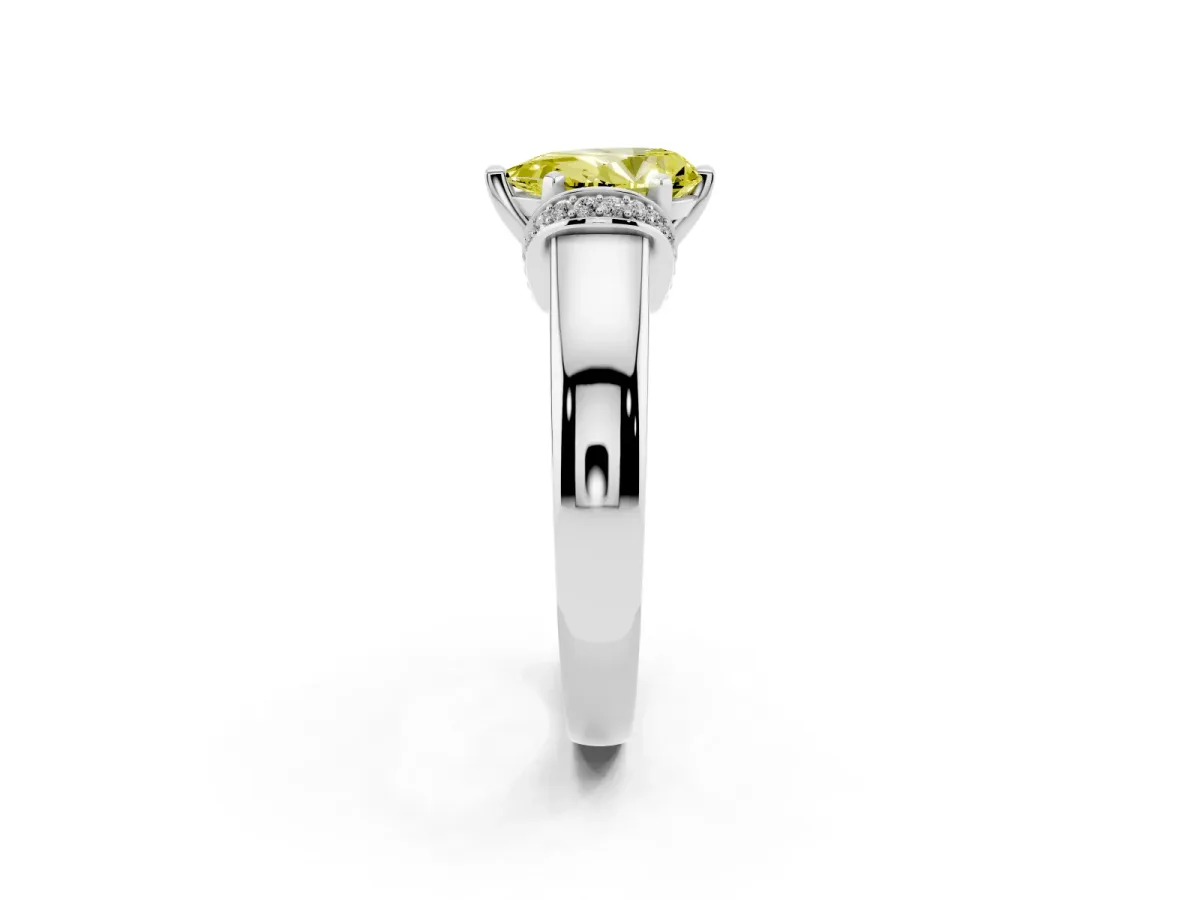 Fancy Yellow Pear Cut Solitaire Diamond Ring with Pave Band and Six-Prong Setting Silver