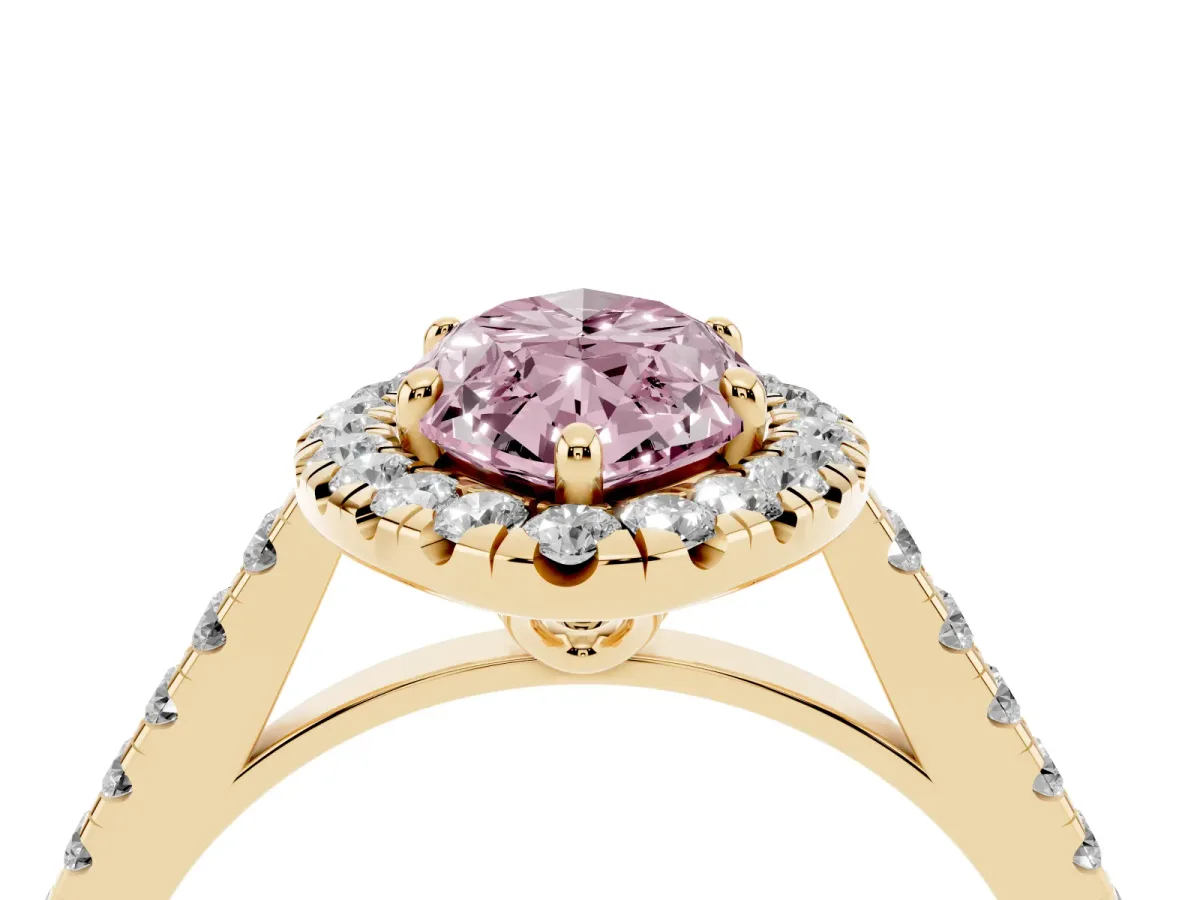 Fancy Pink Marquise Cut Halo Pavé Diamond Engagement Ring with Four-Prong Setting Yellow gold