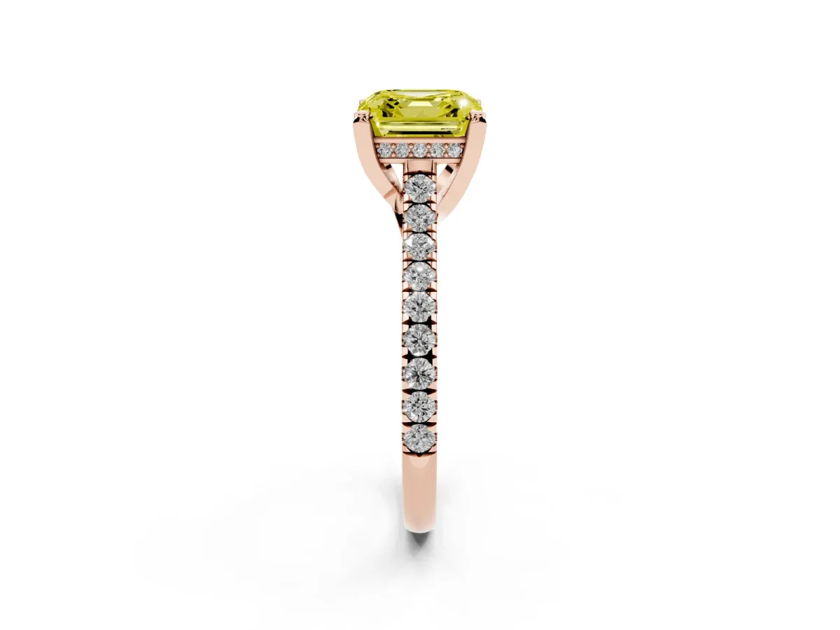 Fancy Yellow Asscher Cut Brilliant Diamond Solitaire with Pavé Band and Four-Prong Setting Rose gold