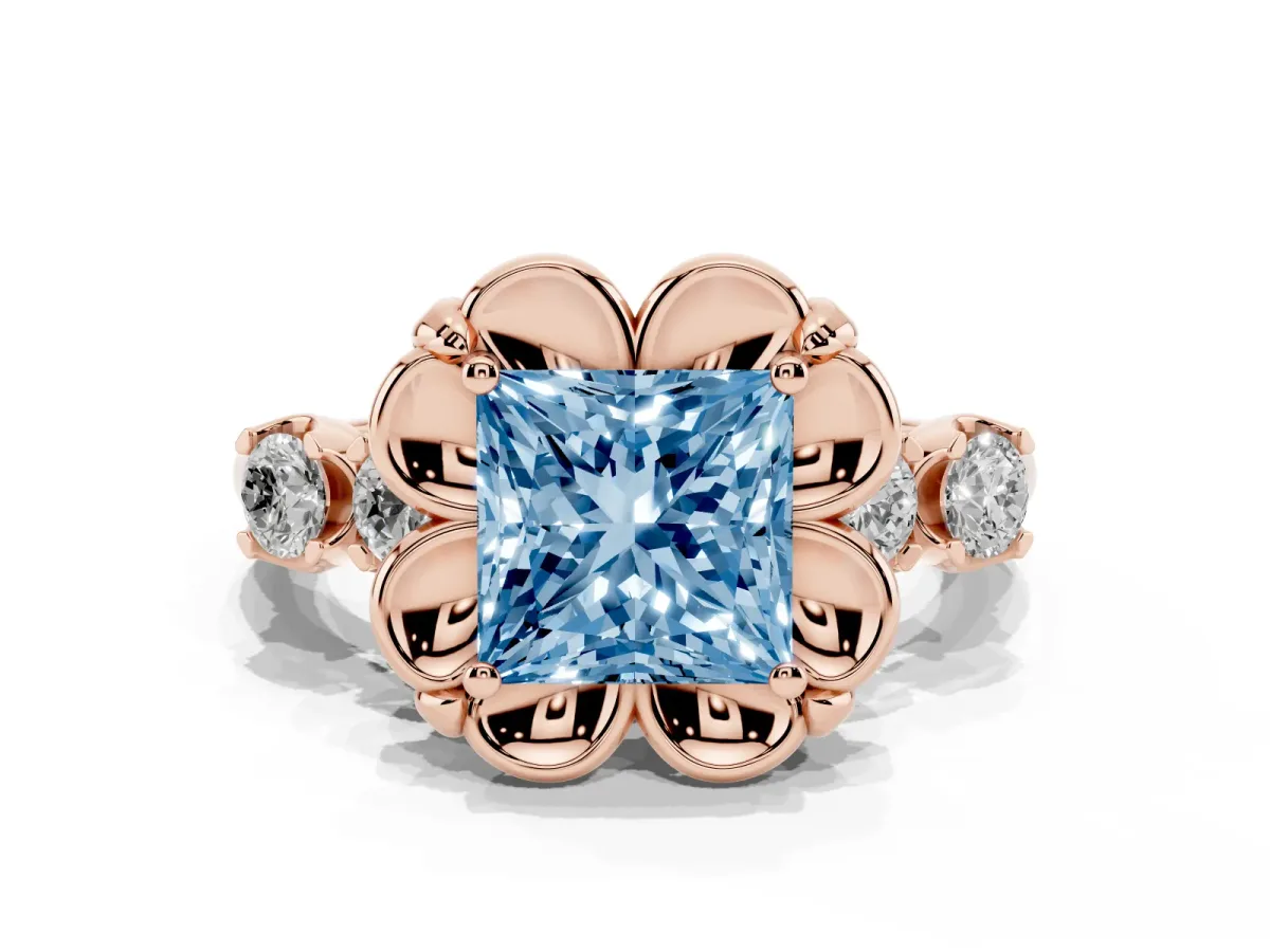 Fancy Blue Princess Cut Cut Diamond Floral Halo Engagement Ring with Shared Prong Setting Rose gold