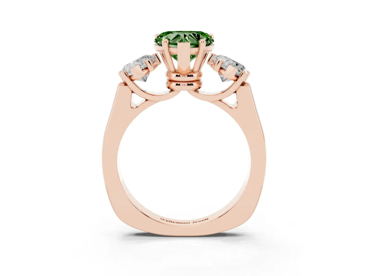 Fancy Green Three-Stone Heart Cut Brilliant Diamond Trellis Ring with Comfort Fit Band Rose gold