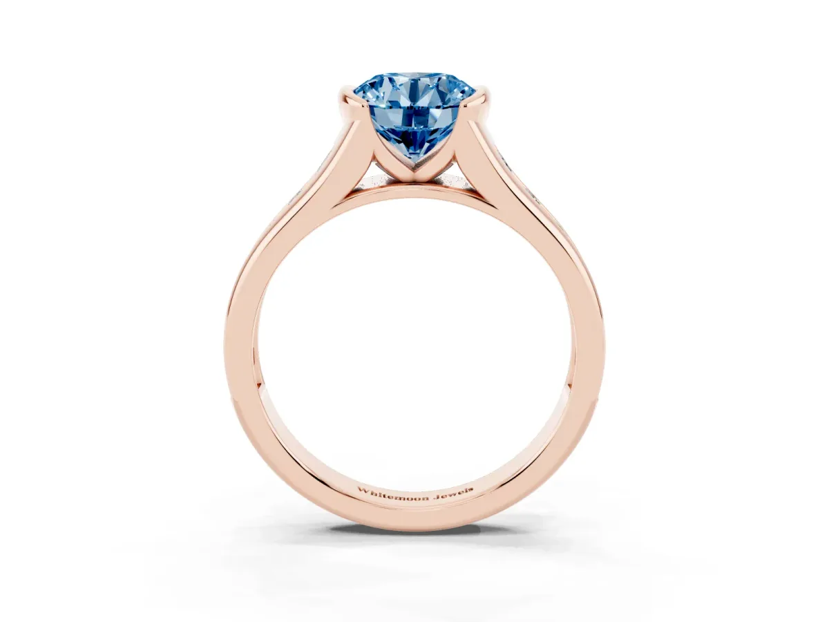 Fancy Blue Round Cut Solitaire Bezel-Set Diamond Ring with Channel-Set Band Rose gold