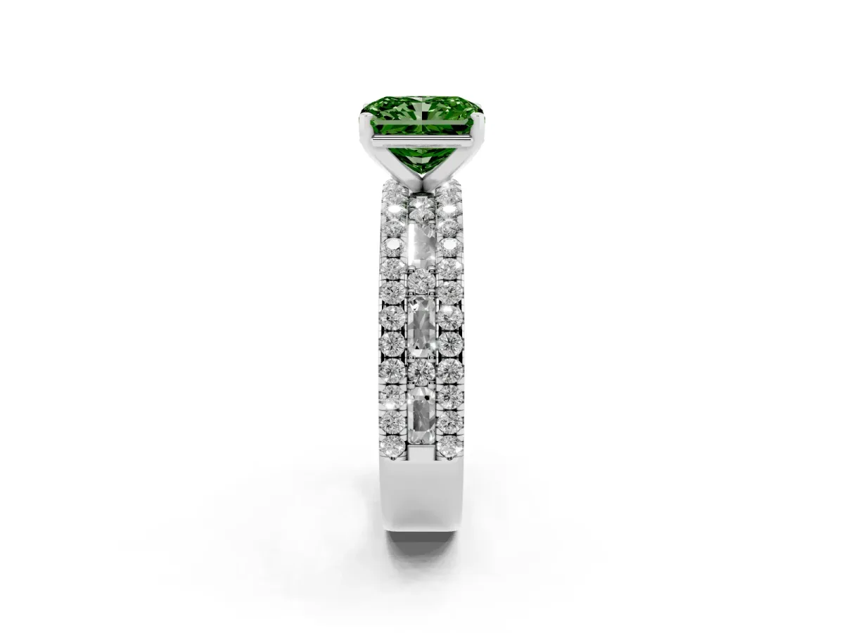 Fancy Green Radiant Cut Diamond Solitaire Ring with Pavé and Channel Set Band Platinum