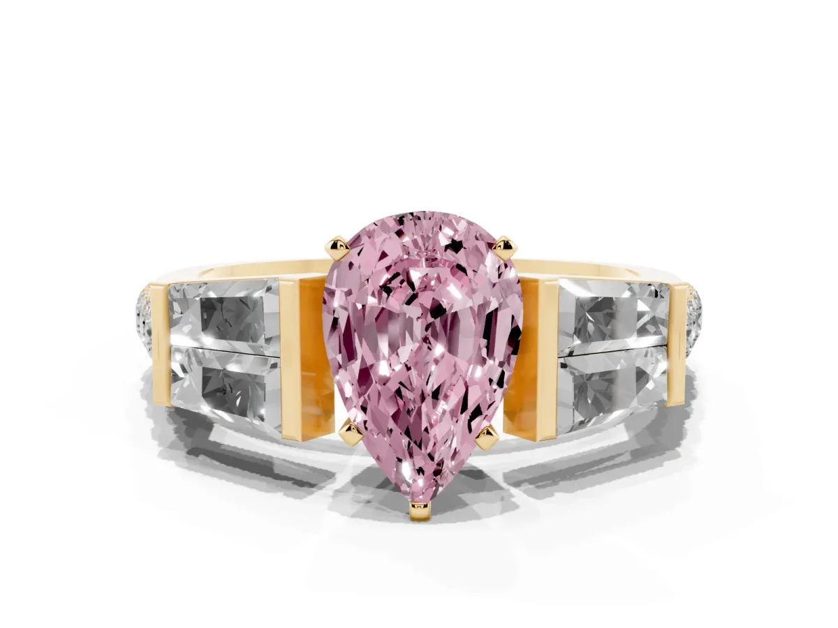 Fancy Pink Pear Cut Diamond Engagement Ring with Baguette Side Stones and Channel Set Band Yellow gold