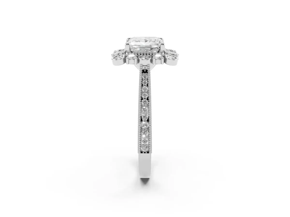 Princess Cut Halo Milgrain Pave Diamond Ring with Four-Prong Setting Silver