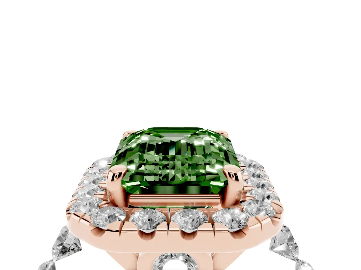 Fancy Green Emerald Cut Halo Pavé Diamond Engagement Ring with Four-Prong Setting Rose gold
