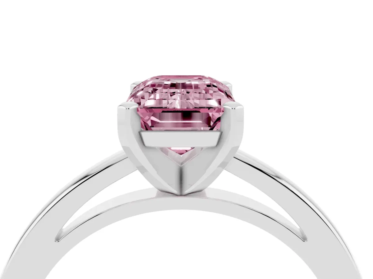 Fancy Pink Emerald Cut Solitaire Diamond Engagement Ring with Four-Prong Setting on a Classic Band White gold
