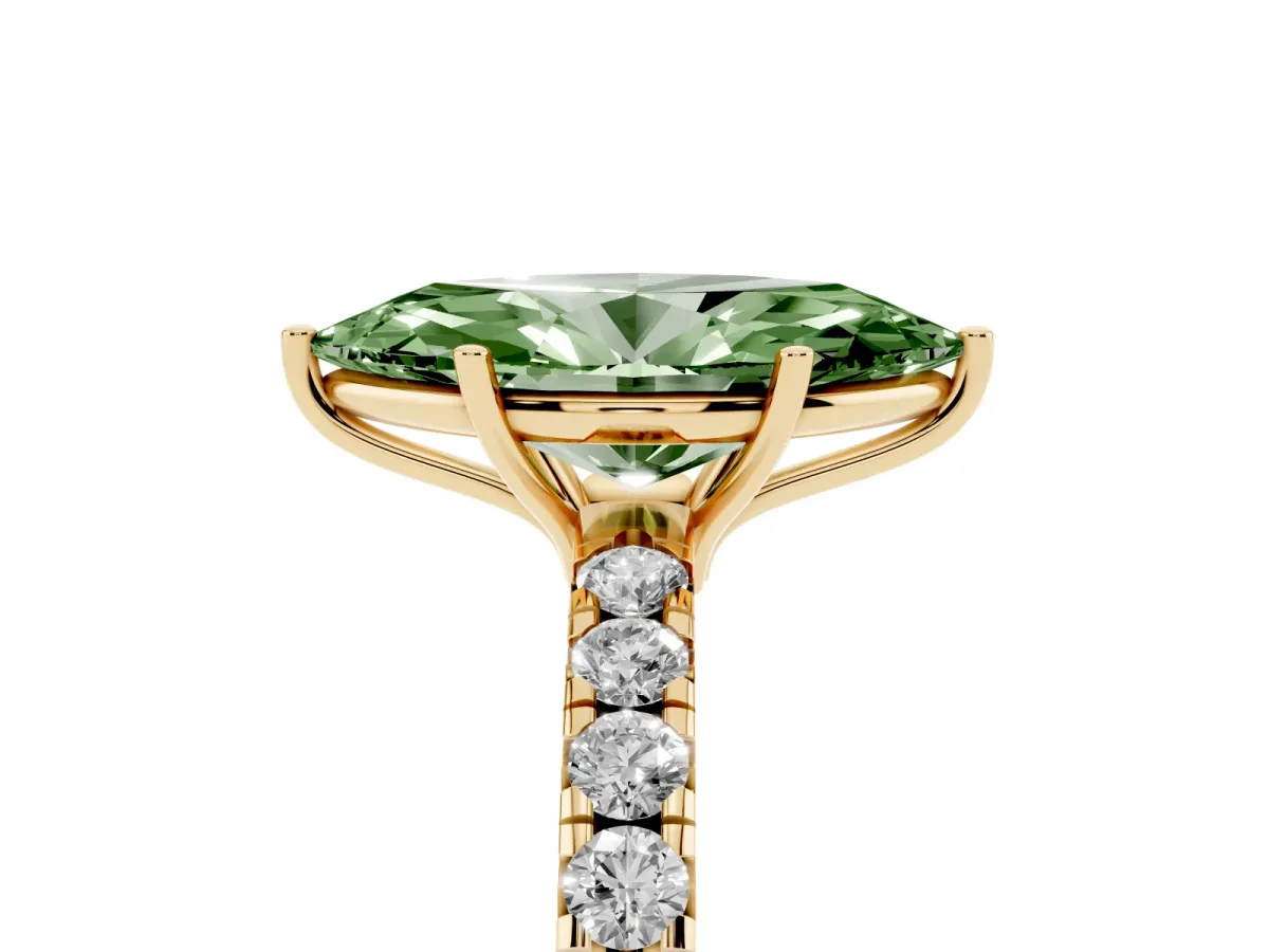 Fancy Green Marquise Cut Diamond Pavé Solitaire Engagement Ring with Four-Prong Setting Yellow gold