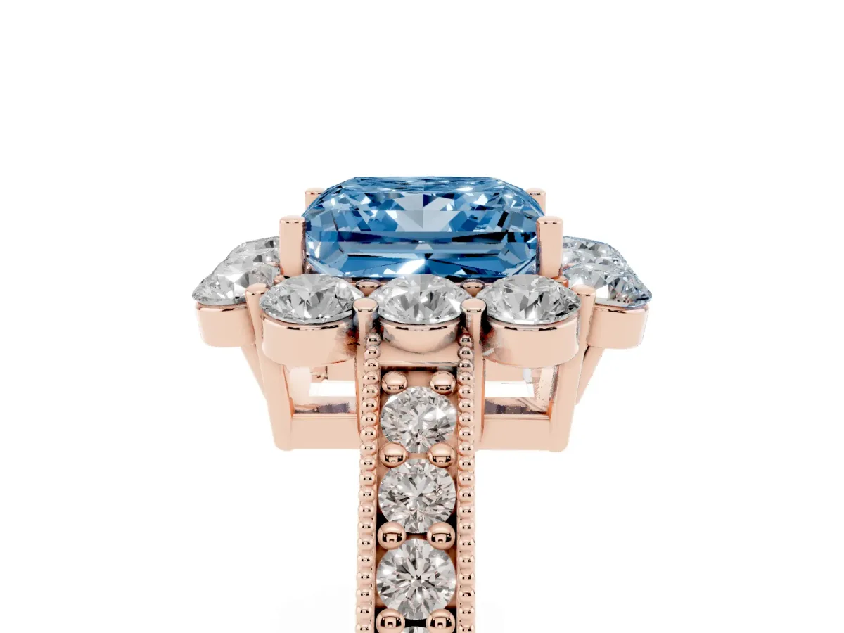 Fancy Blue Princess Cut Cut Halo Diamond Pavé Engagement Ring with Milgrain Detailing Rose gold