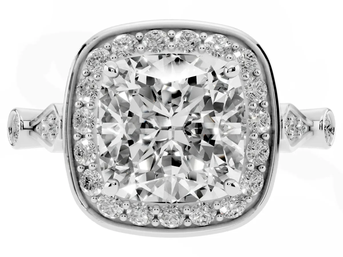 Cushion Cut Halo Diamond Engagement Ring with Twisted Band and Four-Prong Setting Silver