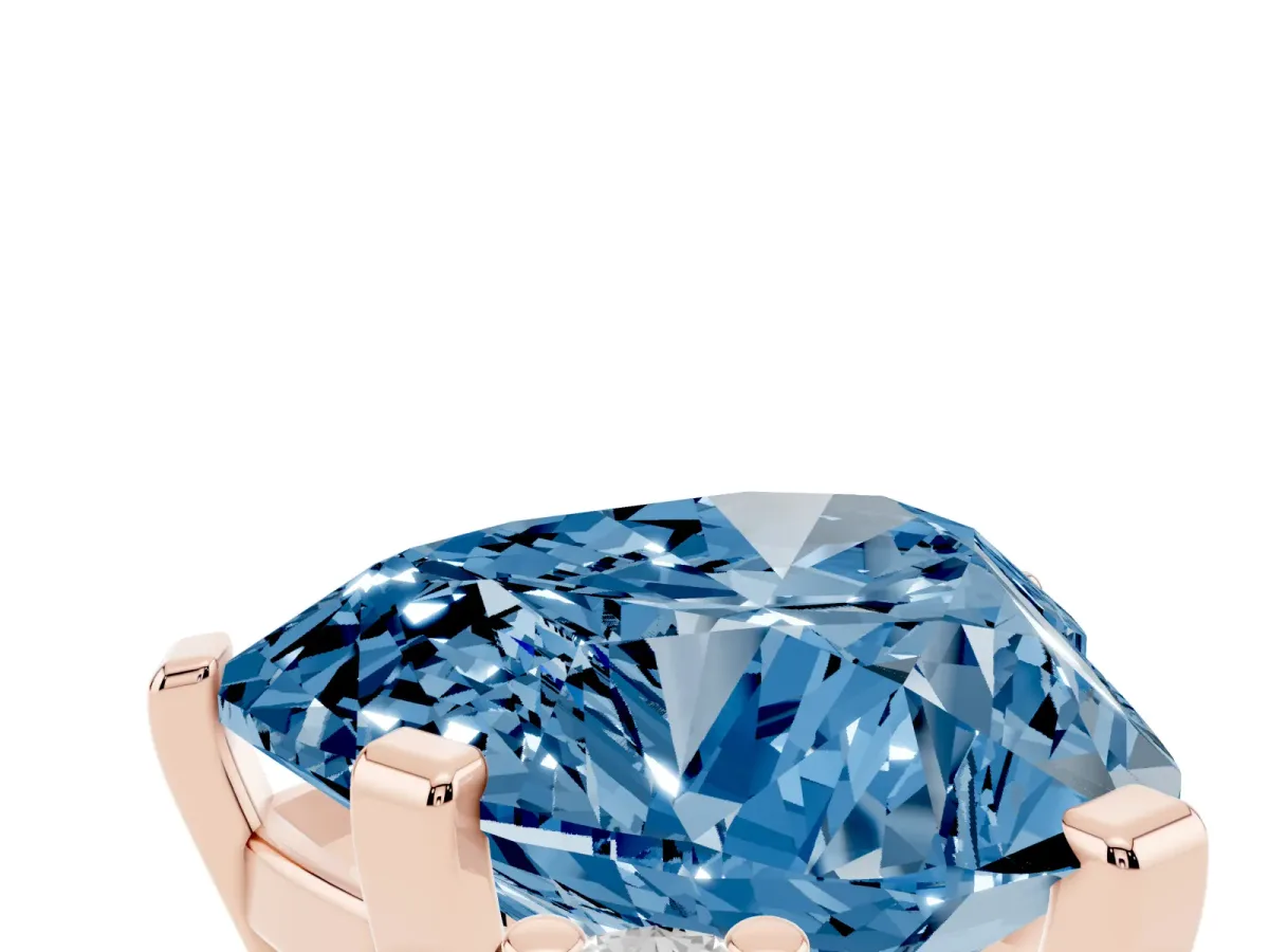 Fancy Blue Heart Cut Cut Three-Stone Solitaire Ring with Round Accent Diamonds and Four-Prong Setting Rose gold