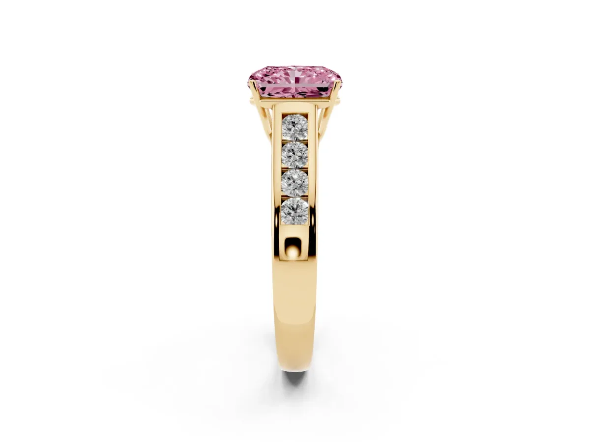 Fancy Pink Radiant Cut Brilliant Channel-Set Solitaire Ring with Four-Prong Setting Yellow gold