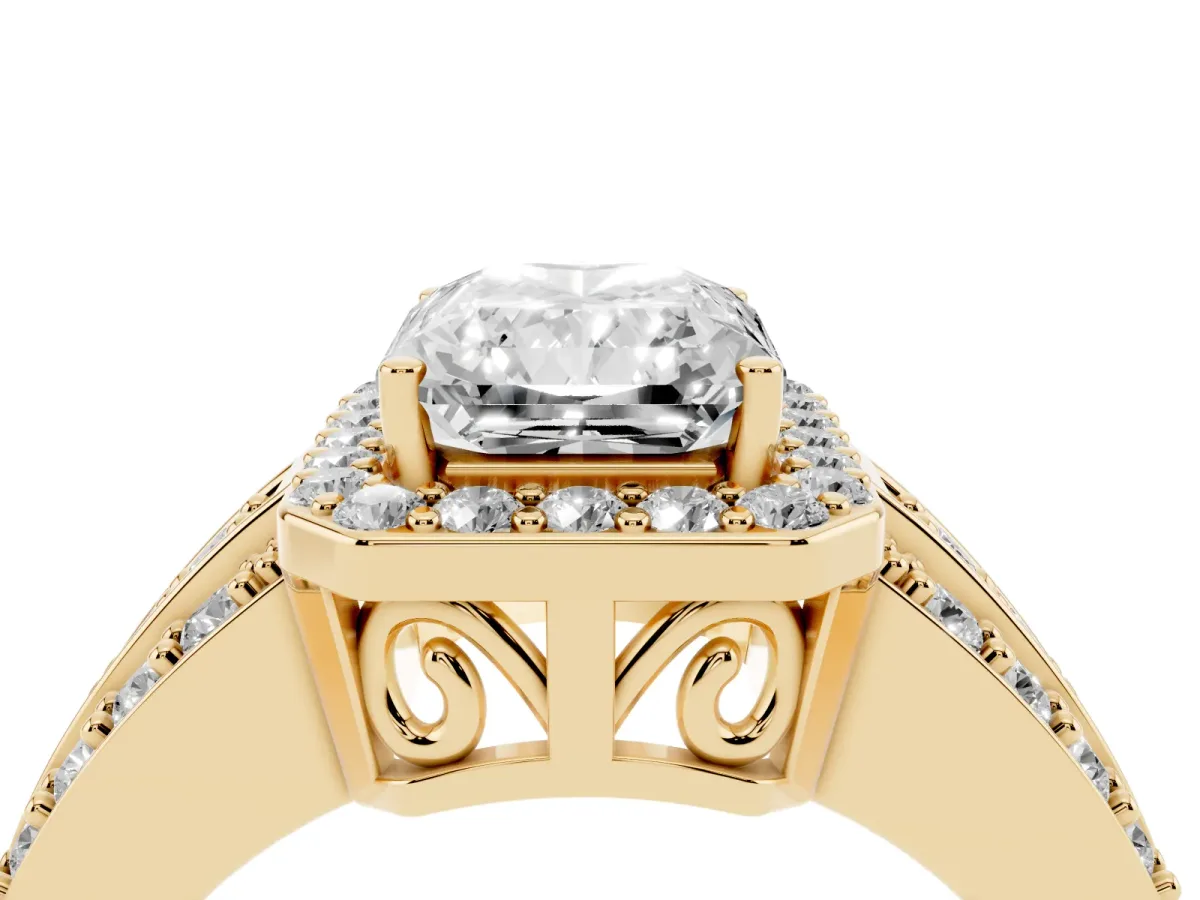 Radiant Cut Halo Diamond Ring with Round Split Shank and Prong Setting Yellow gold