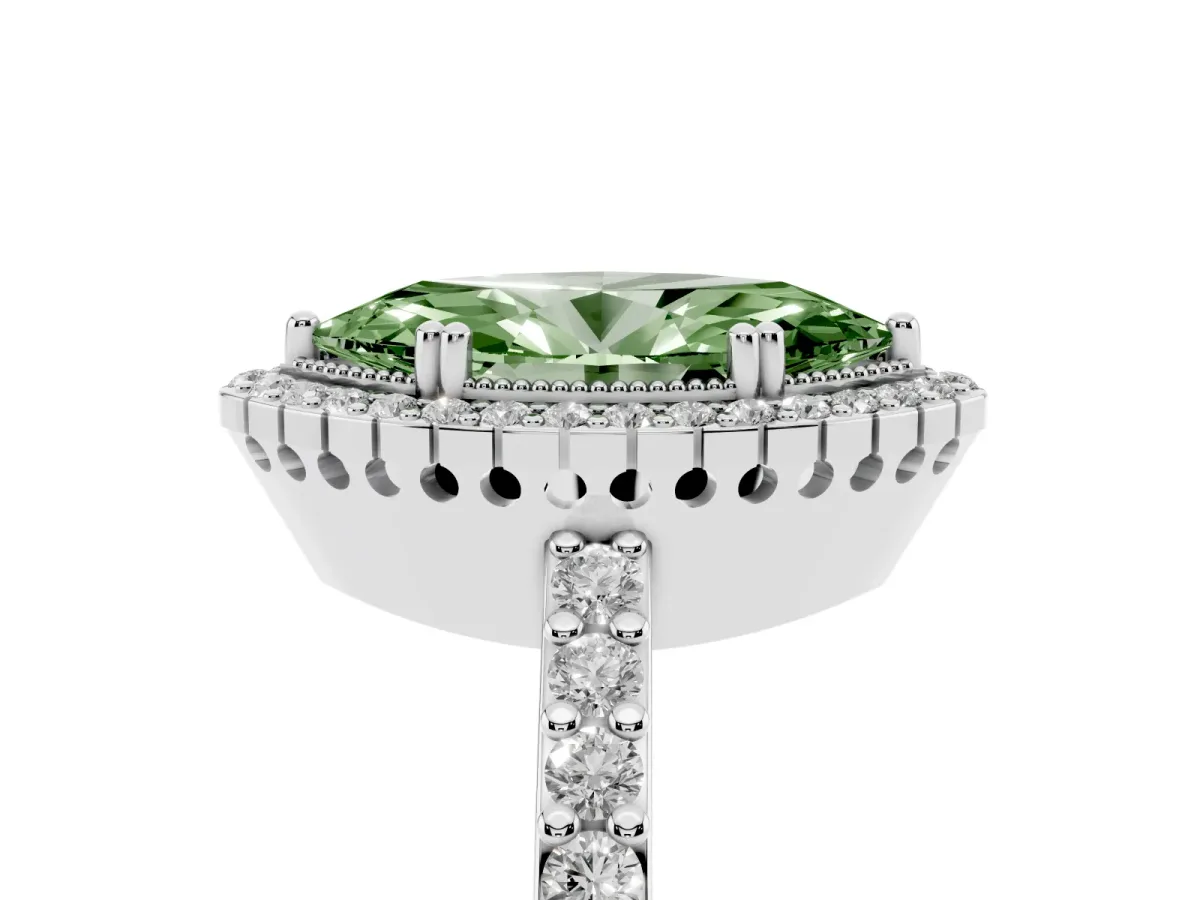Fancy Green Marquise Cut Cut Diamond Halo Engagement Ring with Milgrain Detail and Pavé Band Silver