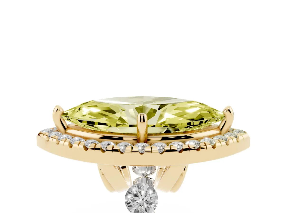 Fancy Yellow Marquise Cut Halo Pavé Diamond Engagement Ring with Four-Prong Setting Yellow gold