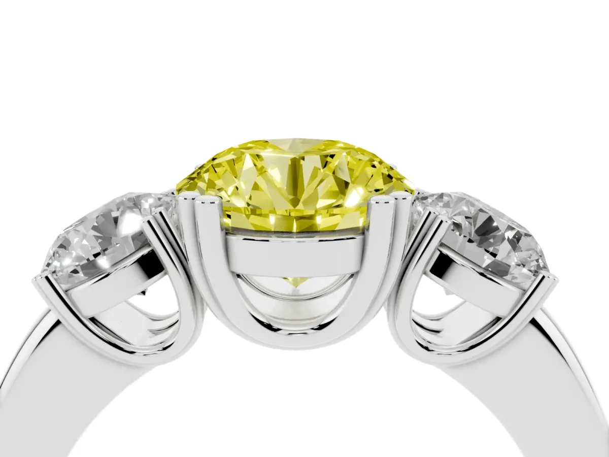 Fancy Yellow Three-Stone Round Cut Cut Diamond Ring with Channel Set Band and Four-Prong Setting Platinum