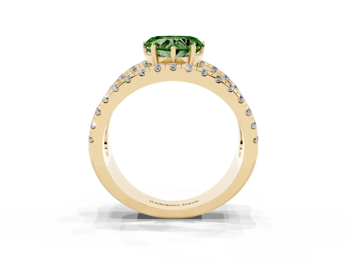 Fancy Green Heart Cut Solitaire Split Shank Pave Diamond Ring Yellow gold