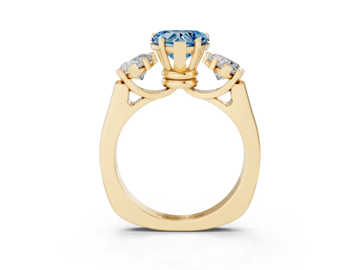 Fancy Blue Three-Stone Heart Cut Brilliant Diamond Trellis Ring with Comfort Fit Band Yellow gold